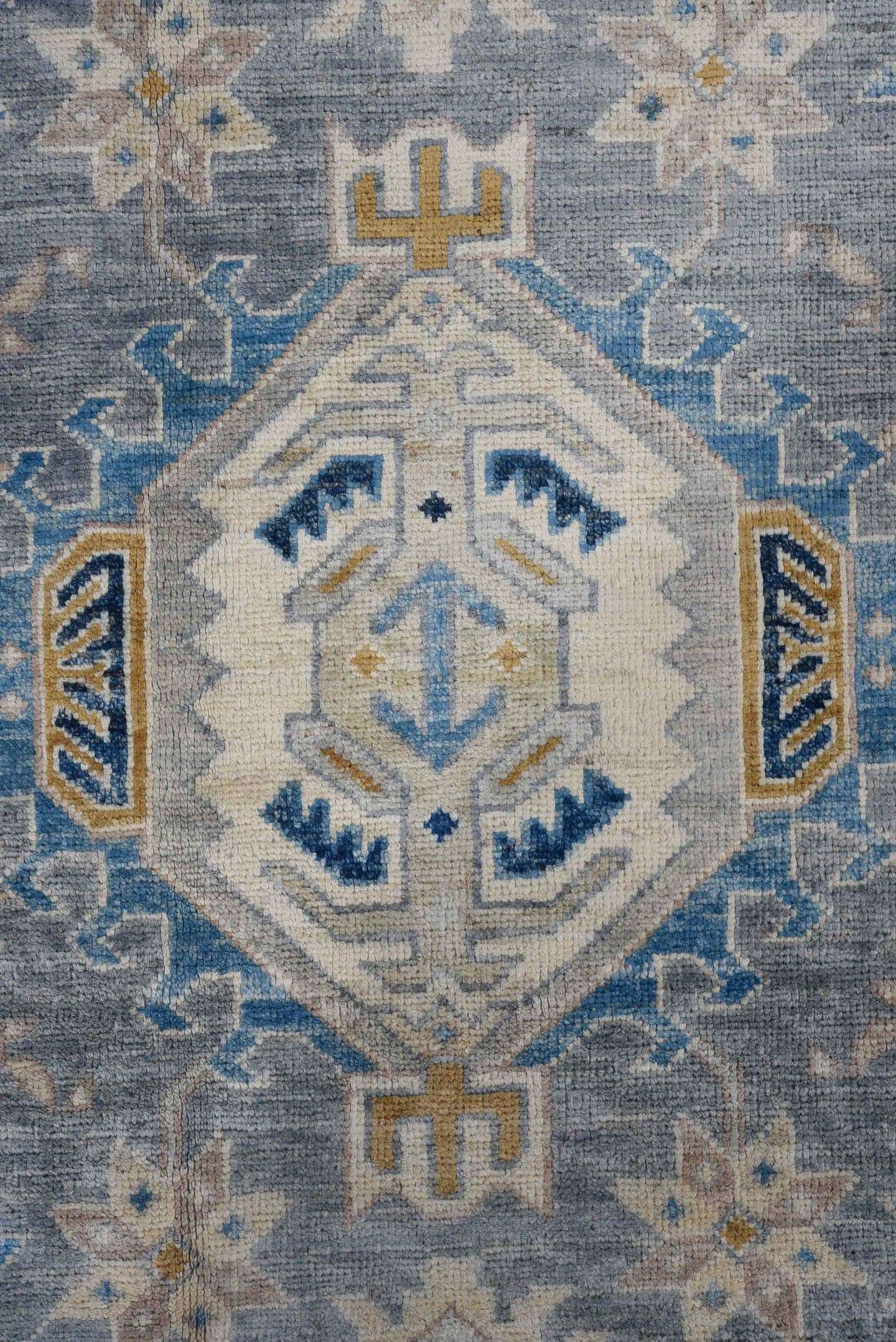 10' x 12' one-of-a-kind handmade vintage Afghan large size rug. Color palette: blue, ivory, gray, beige, camel, navy