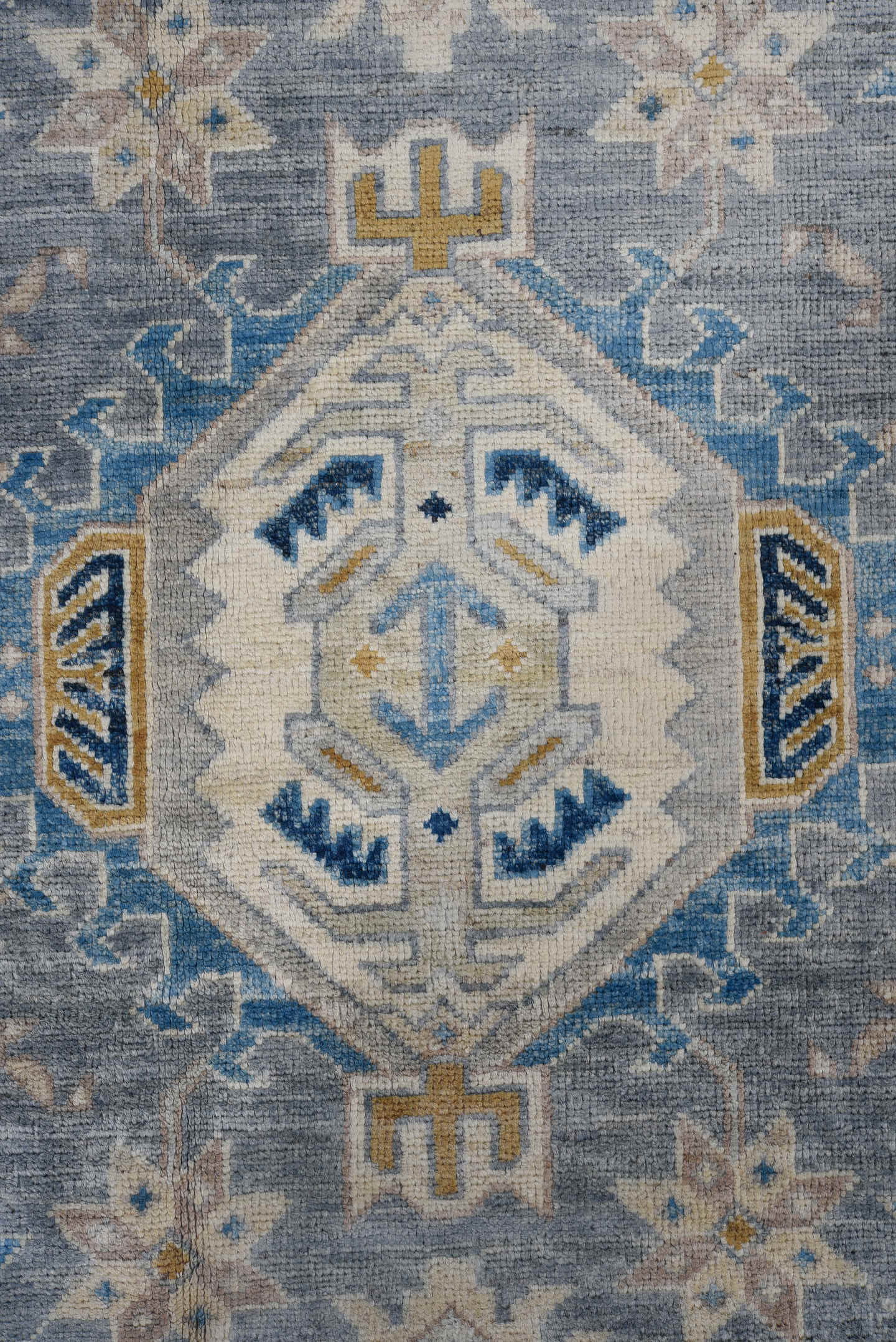 10' x 12' one-of-a-kind handmade vintage Afghan large size rug. Color palette: blue, ivory, gray, beige, camel, navy