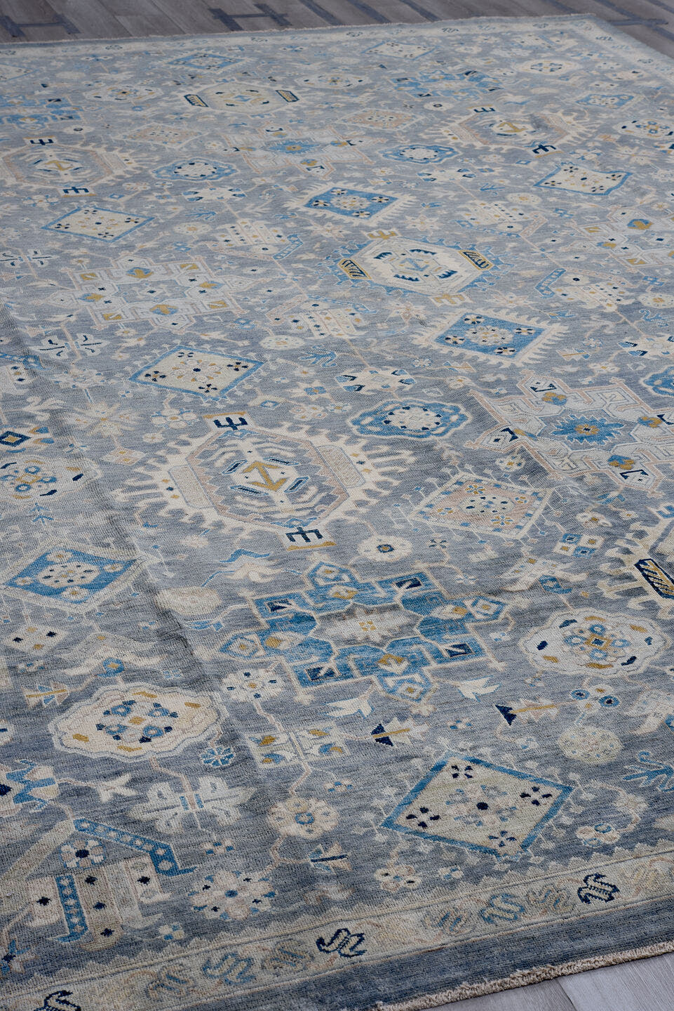 10' x 12' one-of-a-kind handmade vintage Afghan large size rug. Color palette: blue, ivory, gray, beige, camel, navy