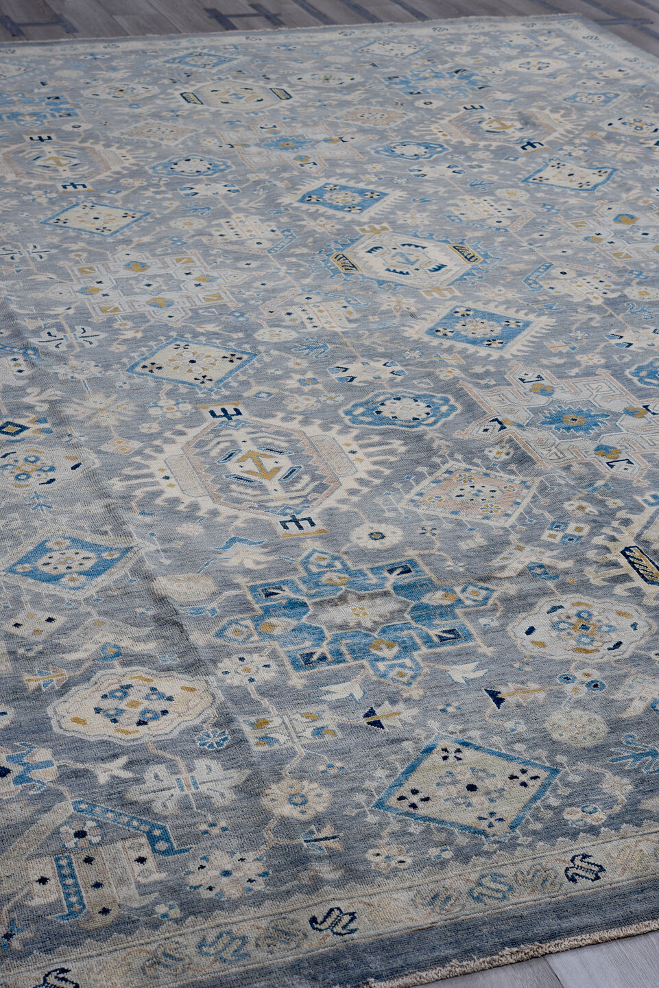 10' x 12' one-of-a-kind handmade vintage Afghan large size rug. Color palette: blue, ivory, gray, beige, camel, navy