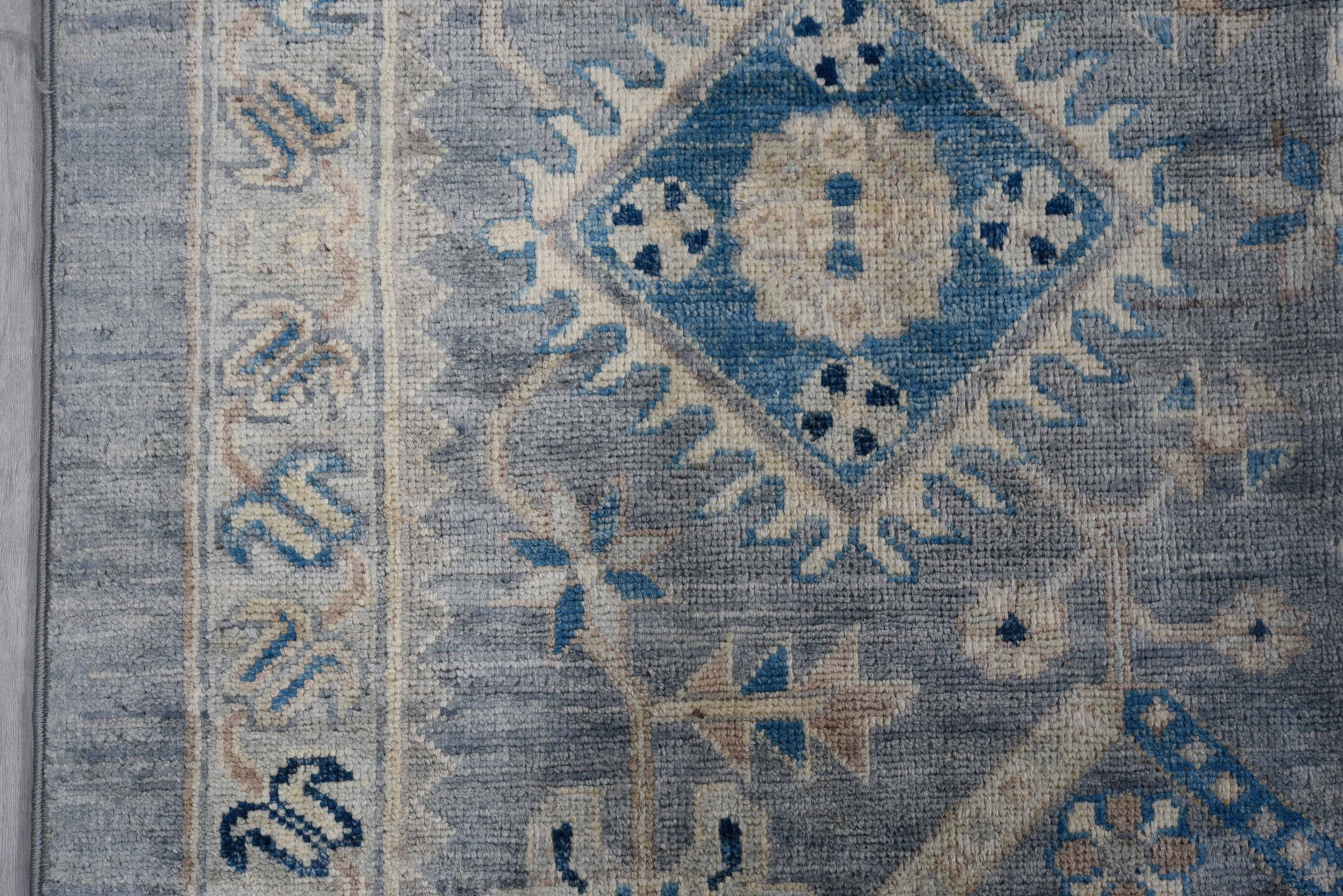 10' x 12' one-of-a-kind handmade vintage Afghan large size rug. Color palette: blue, ivory, gray, beige, camel, navy