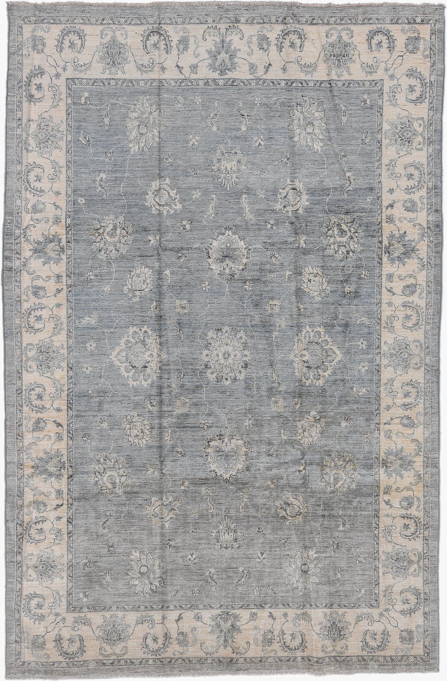 6' x 10' one-of-a-kind handmade vintage Afghan large size rug. Color palette: slate, ivory, silver, taupe, charcoal, gray