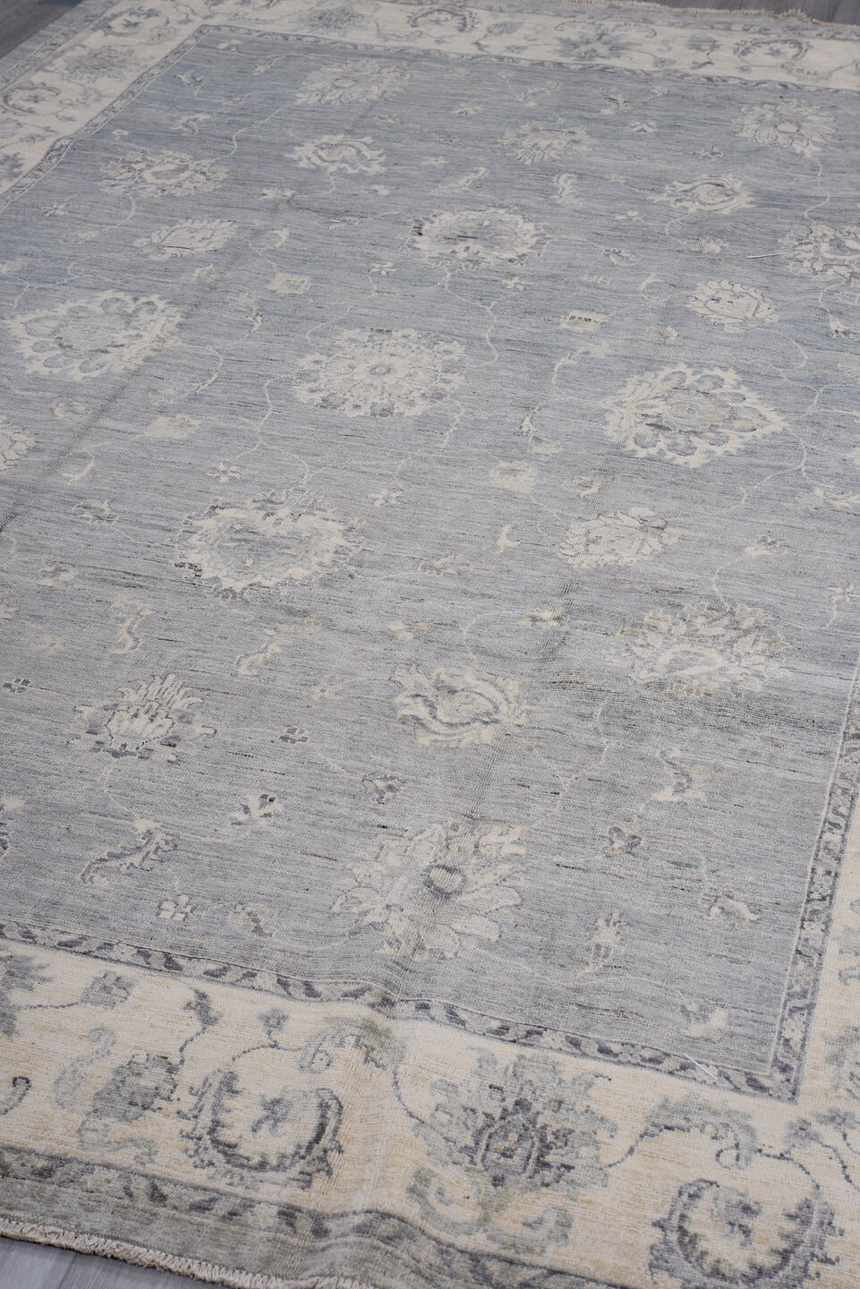 6' x 10' one-of-a-kind handmade vintage Afghan large size rug. Color palette: slate, ivory, silver, taupe, charcoal, gray