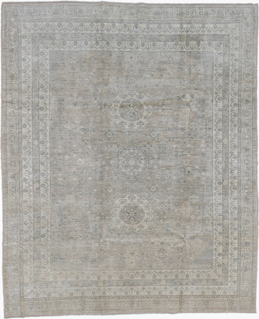 7' x 9' one-of-a-kind handmade vintage Afghan large size rug. Color palette: ivory, taupe, pale blue, beige, gray