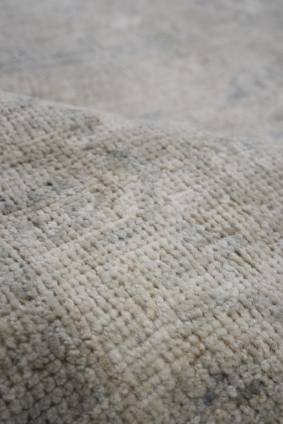 7' x 9' one-of-a-kind handmade vintage Afghan large size rug. Color palette: ivory, taupe, pale blue, beige, gray