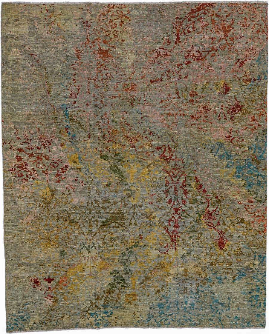 8' x 9' one-of-a-kind handmade vintage Afghan large size rug. Color palette: sage, taupe, rust, gold, sky blue, olive, rose