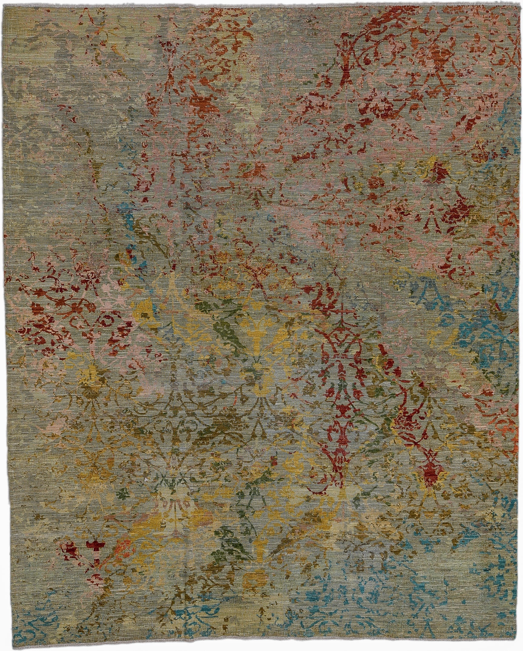8' x 9' one-of-a-kind handmade vintage Afghan large size rug. Color palette: sage, taupe, rust, gold, sky blue, olive, rose
