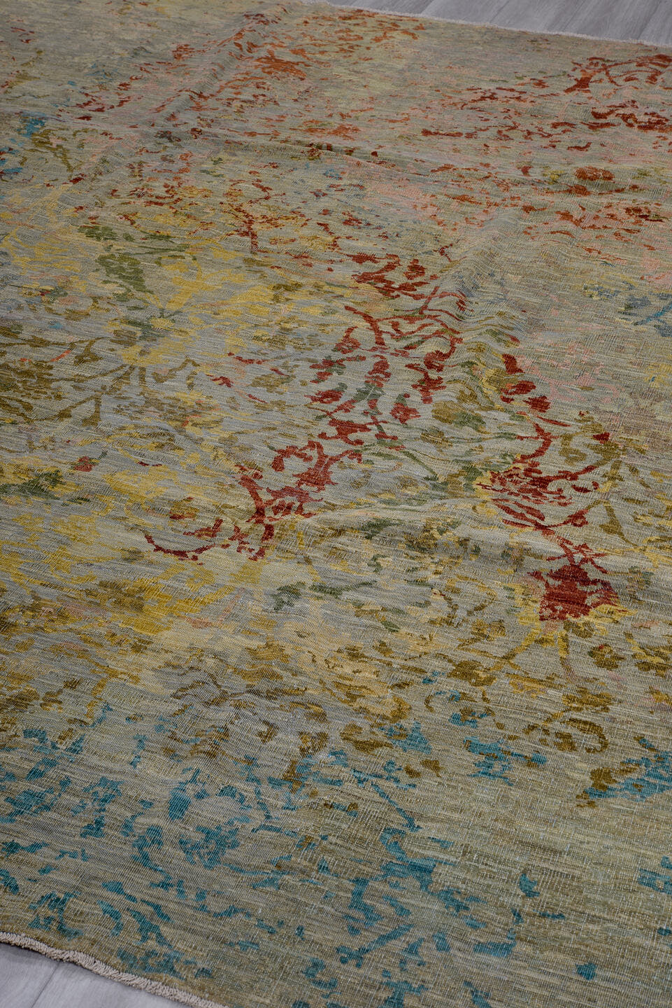 8' x 9' one-of-a-kind handmade vintage Afghan large size rug. Color palette: sage, taupe, rust, gold, sky blue, olive, rose