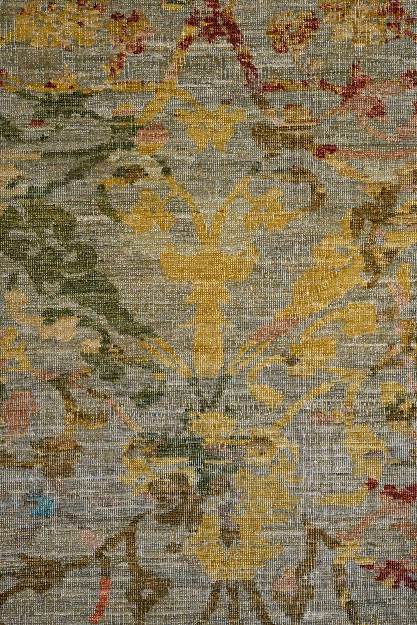 8' x 9' one-of-a-kind handmade vintage Afghan large size rug. Color palette: sage, taupe, rust, gold, sky blue, olive, rose