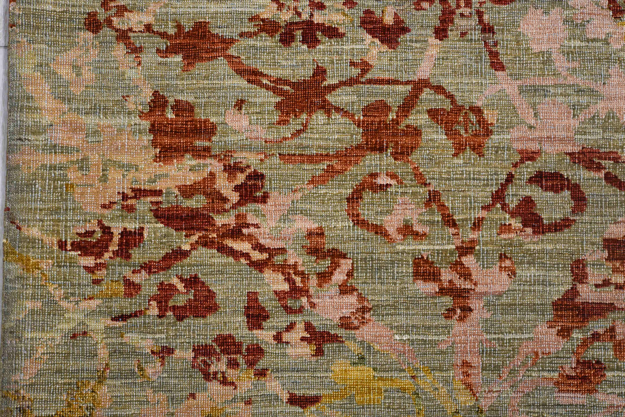 8' x 9' one-of-a-kind handmade vintage Afghan large size rug. Color palette: sage, taupe, rust, gold, sky blue, olive, rose