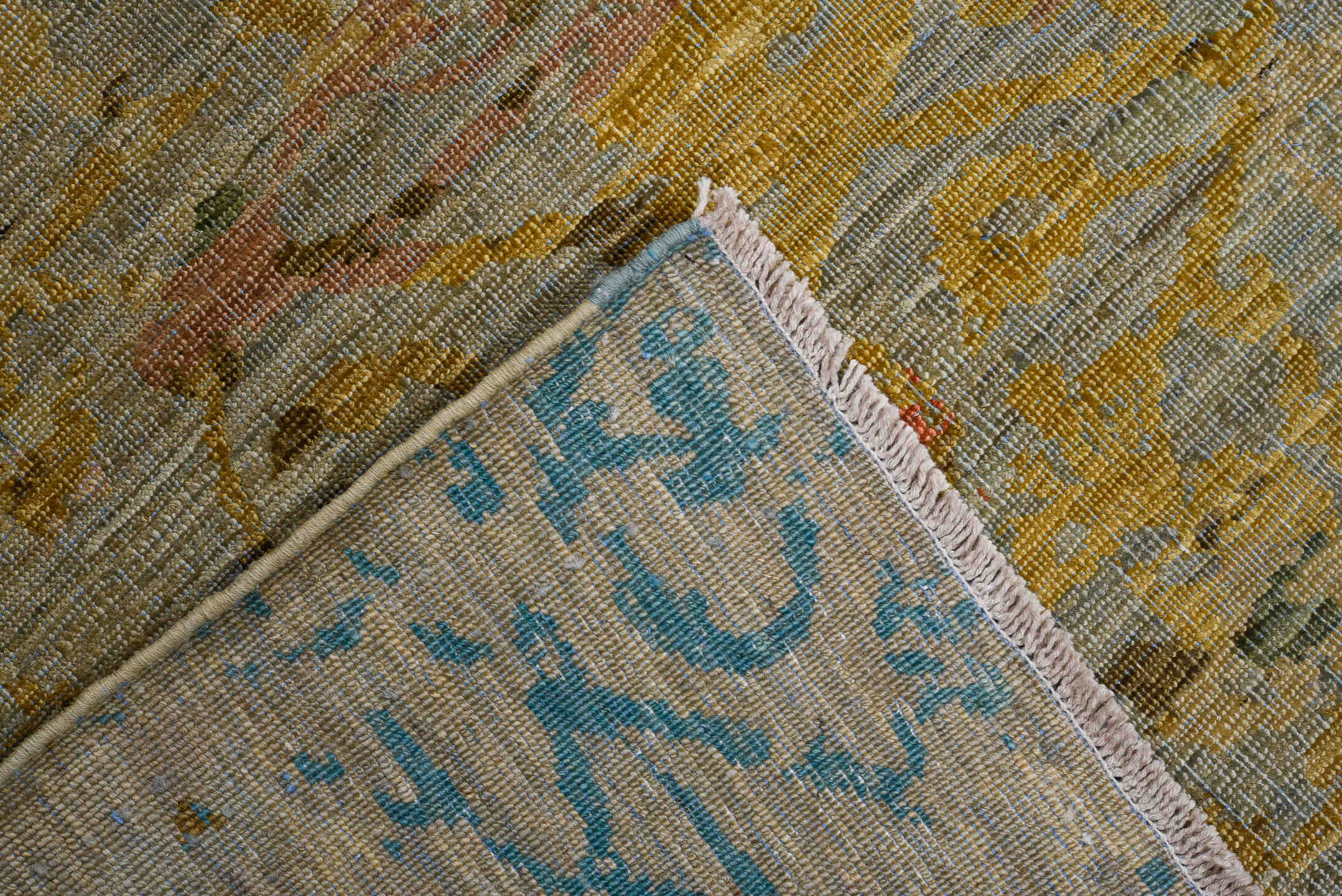8' x 9' one-of-a-kind handmade vintage Afghan large size rug. Color palette: sage, taupe, rust, gold, sky blue, olive, rose