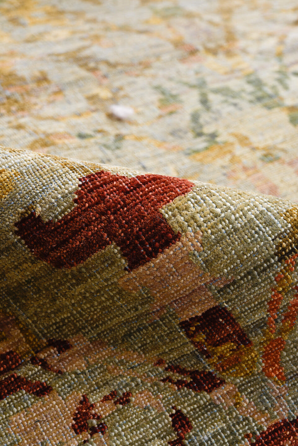 8' x 9' one-of-a-kind handmade vintage Afghan large size rug. Color palette: sage, taupe, rust, gold, sky blue, olive, rose