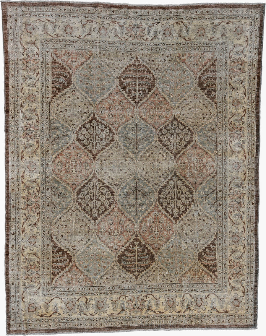 7' x 9' one-of-a-kind handmade vintage Afghan large size rug. Color palette: ivory, taupe, sky blue, brown, camel, rose