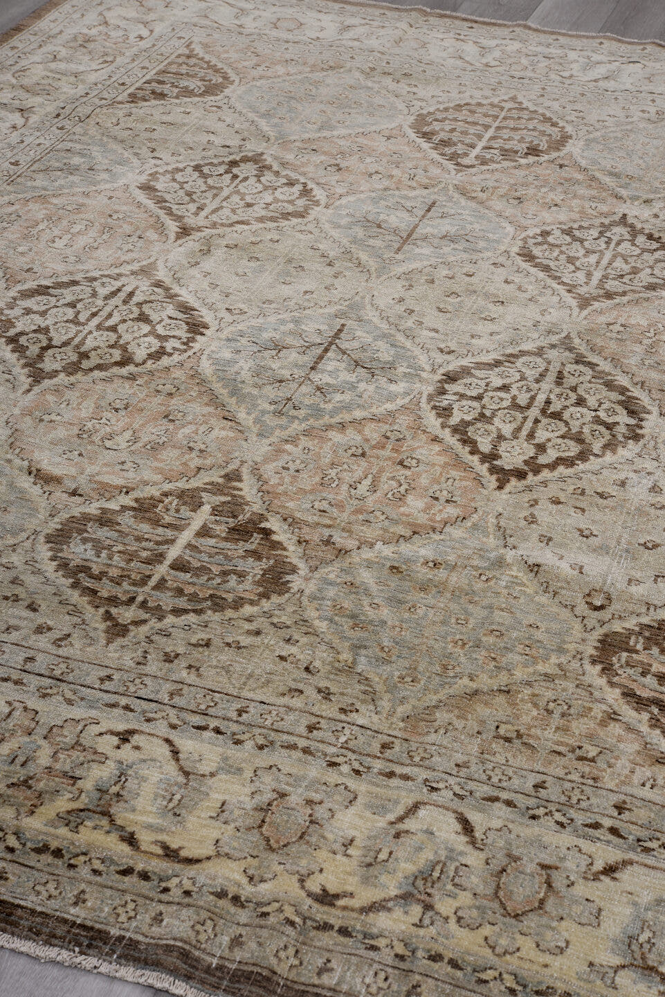 7' x 9' one-of-a-kind handmade vintage Afghan large size rug. Color palette: ivory, taupe, sky blue, brown, camel, rose