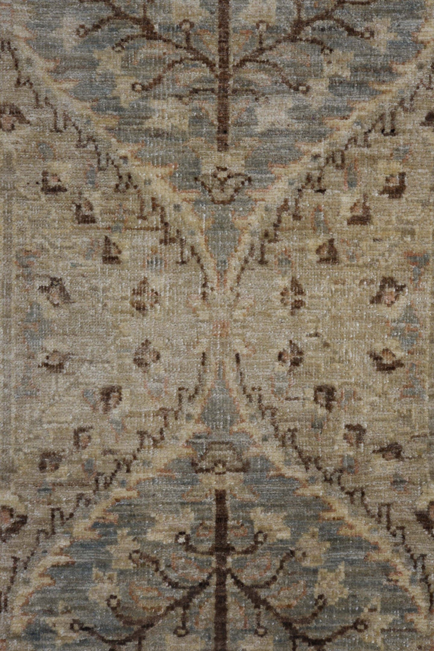 7' x 9' one-of-a-kind handmade vintage Afghan large size rug. Color palette: ivory, taupe, sky blue, brown, camel, rose