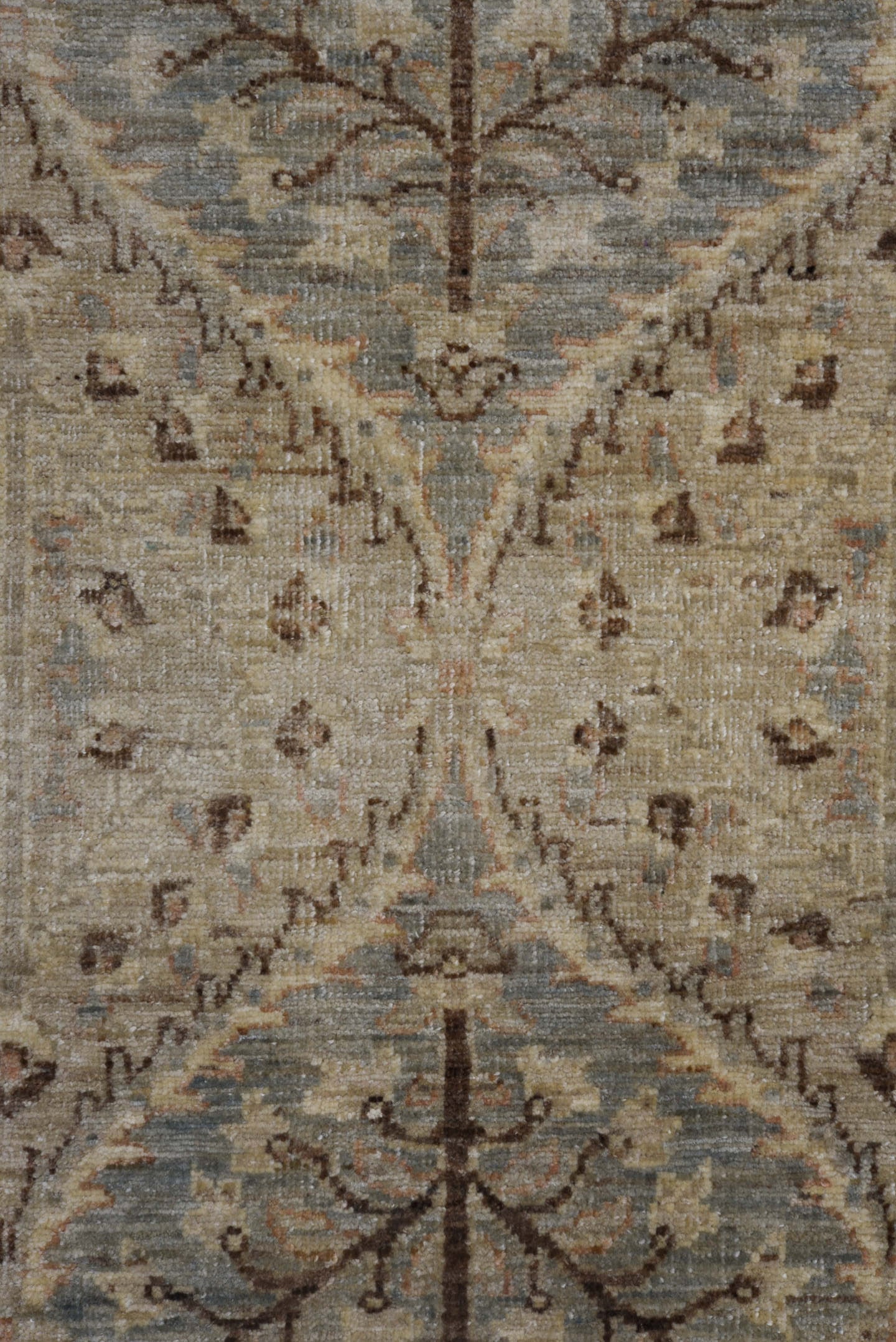 7' x 9' one-of-a-kind handmade vintage Afghan large size rug. Color palette: ivory, taupe, sky blue, brown, camel, rose
