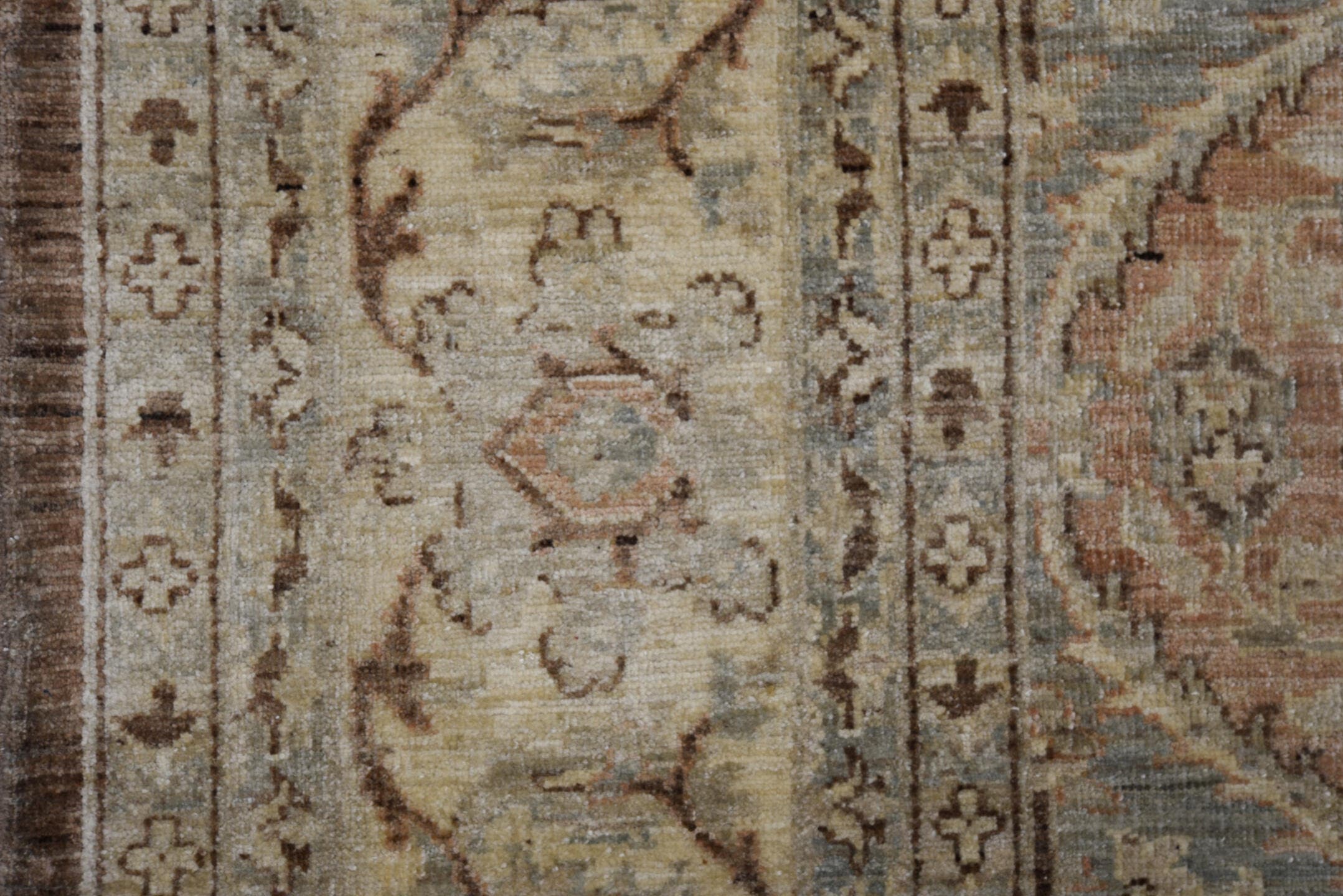 7' x 9' one-of-a-kind handmade vintage Afghan large size rug. Color palette: ivory, taupe, sky blue, brown, camel, rose