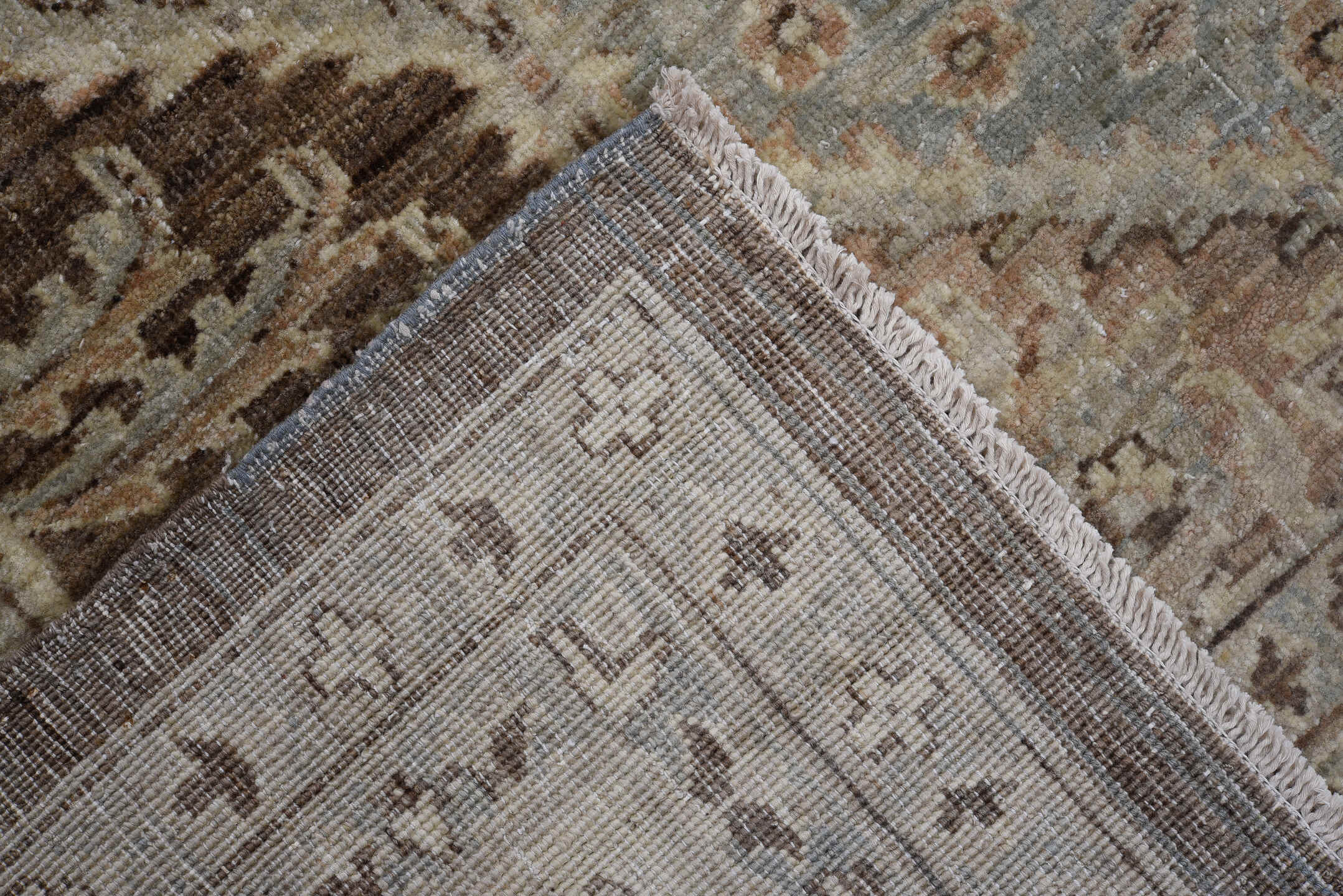 7' x 9' one-of-a-kind handmade vintage Afghan large size rug. Color palette: ivory, taupe, sky blue, brown, camel, rose