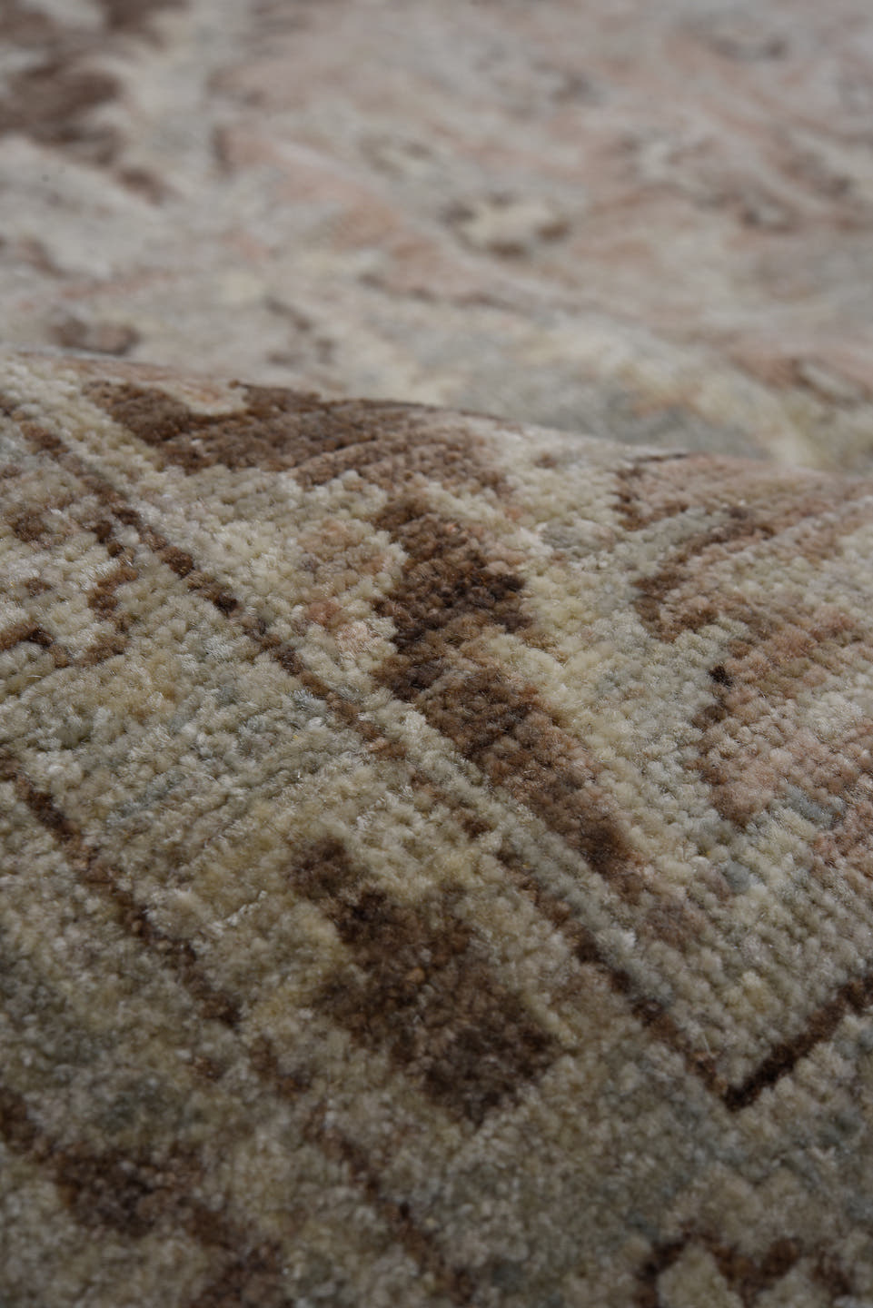 7' x 9' one-of-a-kind handmade vintage Afghan large size rug. Color palette: ivory, taupe, sky blue, brown, camel, rose