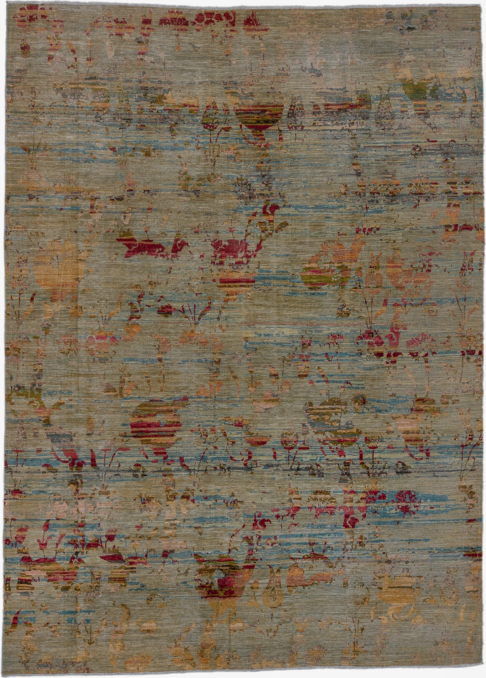 10' x 13' one-of-a-kind handmade vintage Afghan large size rug. Color palette: taupe, sky blue, rose, rust, olive, beige