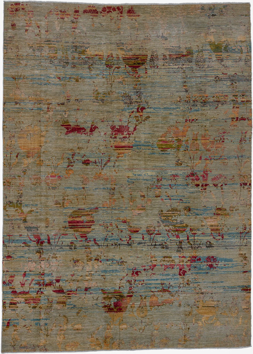 10' x 13' one-of-a-kind handmade vintage Afghan large size rug. Color palette: taupe, sky blue, rose, rust, olive, beige