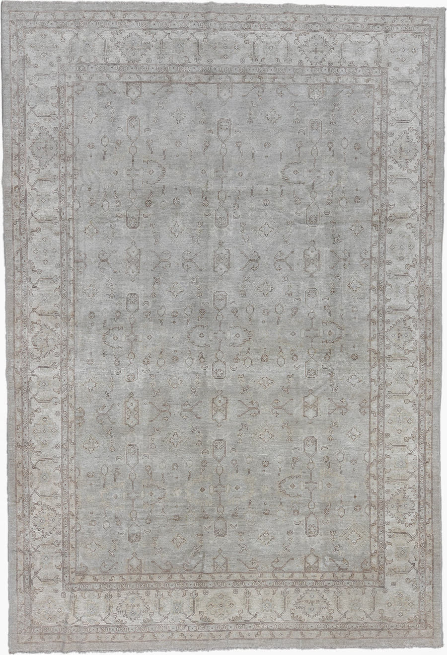 9' x 14' one-of-a-kind handmade vintage Afghan large size rug. Color palette: ivory, taupe, beige, stone, camel, gray