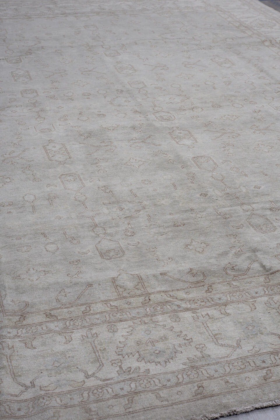 9' x 14' one-of-a-kind handmade vintage Afghan large size rug. Color palette: ivory, taupe, beige, stone, camel, gray