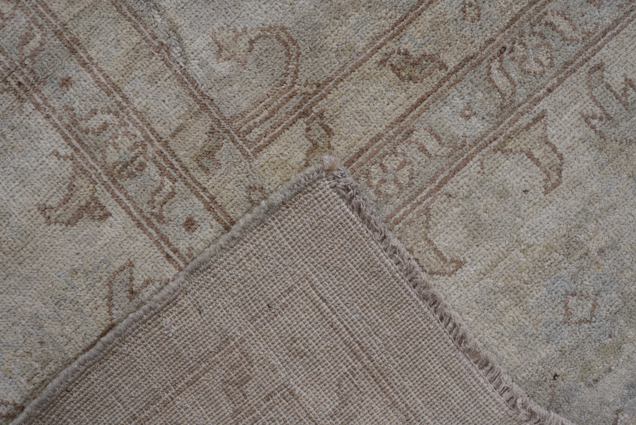 9' x 14' one-of-a-kind handmade vintage Afghan large size rug. Color palette: ivory, taupe, beige, stone, camel, gray