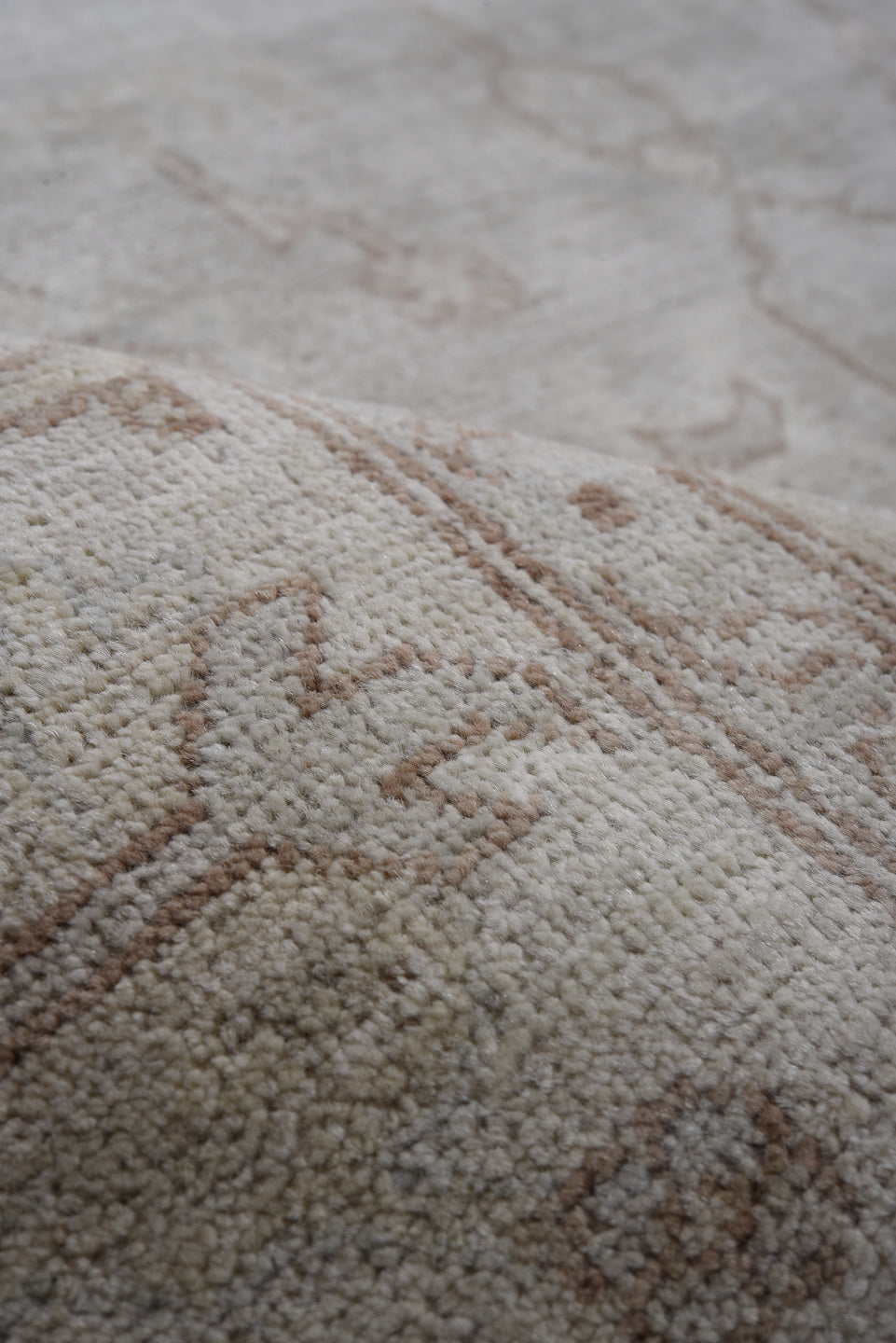 9' x 14' one-of-a-kind handmade vintage Afghan large size rug. Color palette: ivory, taupe, beige, stone, camel, gray