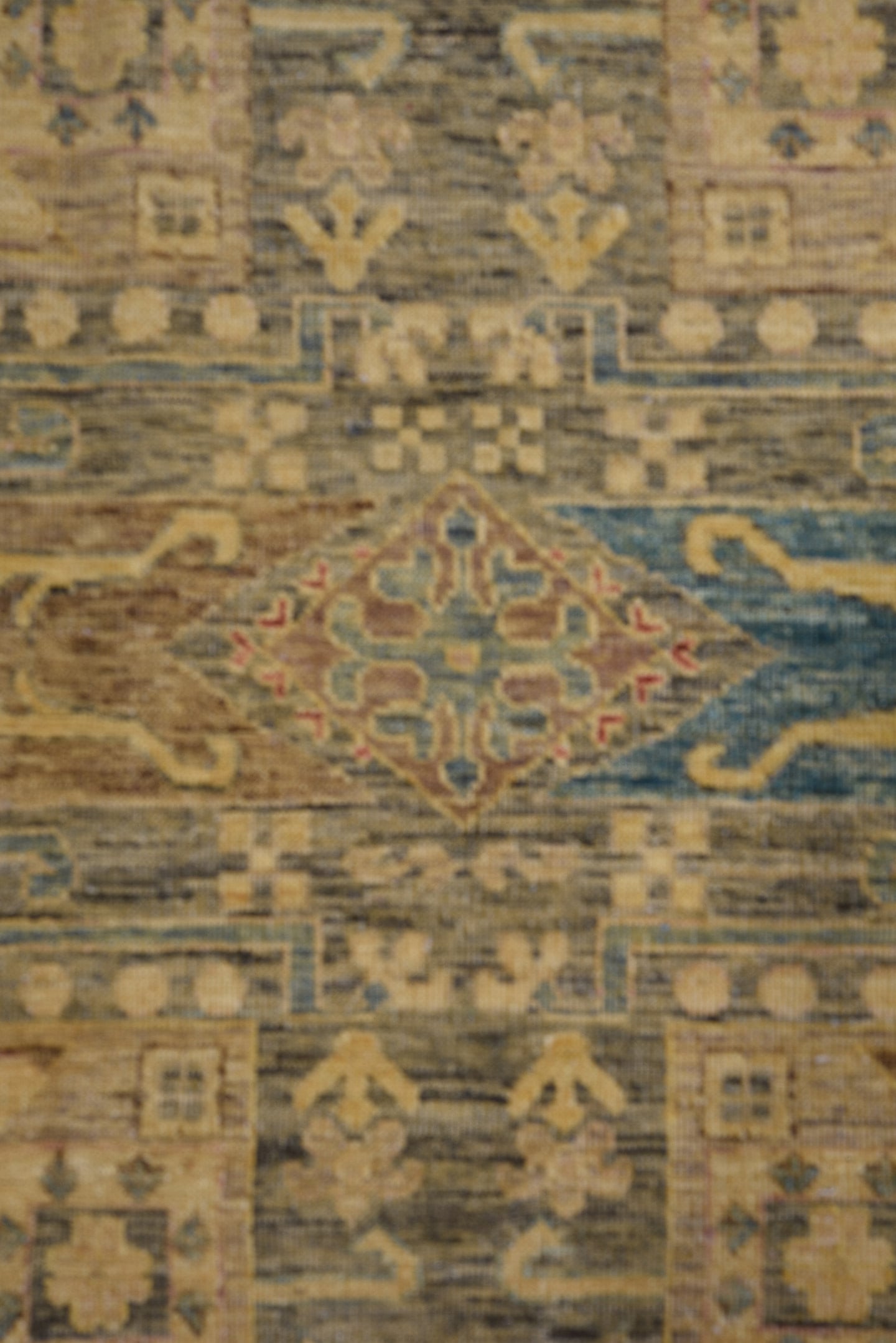 10' x 13' one-of-a-kind handmade vintage Afghan large size rug. Color palette: tan, sage, rose, gold, teal, rust, taupe