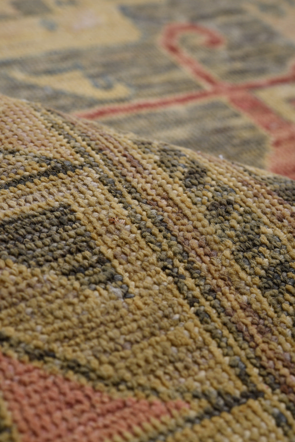 10' x 13' one-of-a-kind handmade vintage Afghan large size rug. Color palette: tan, sage, rose, gold, teal, rust, taupe