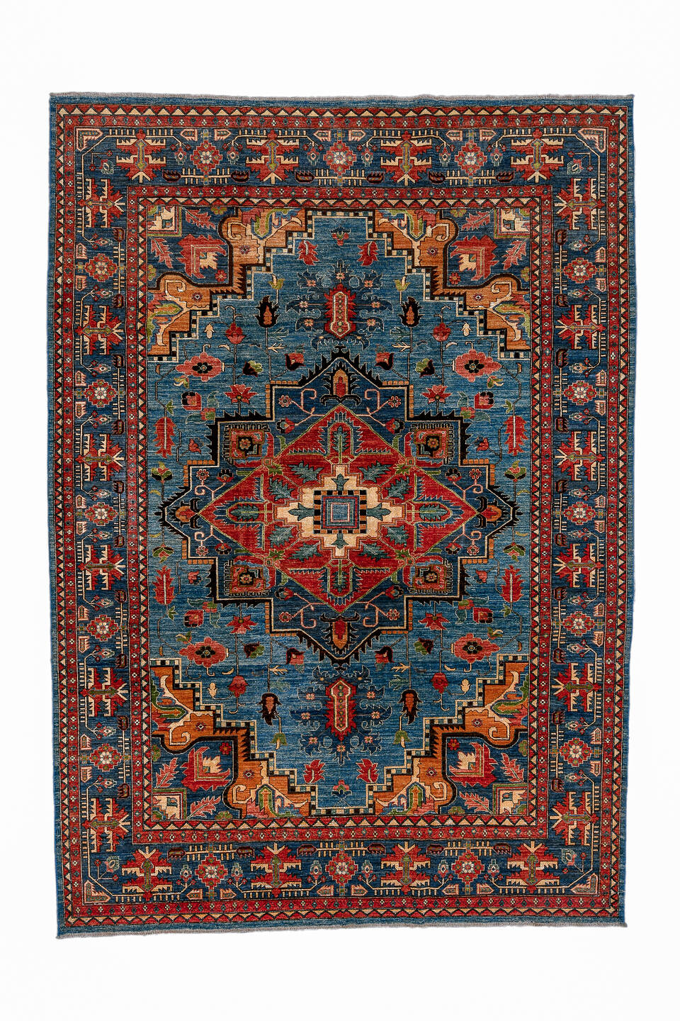 8' x 11' one-of-a-kind handmade vintage Afghan large size rug. Color palette: blue, brown, gray, light slate gray, off-white