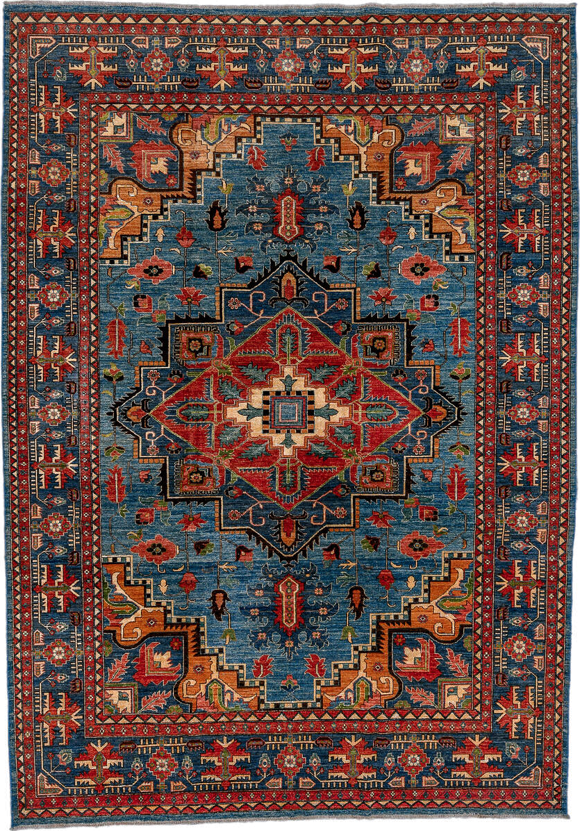 8' x 11' one-of-a-kind handmade vintage Afghan large size rug. Color palette: blue, rust, ivory, navy, coral, camel, black