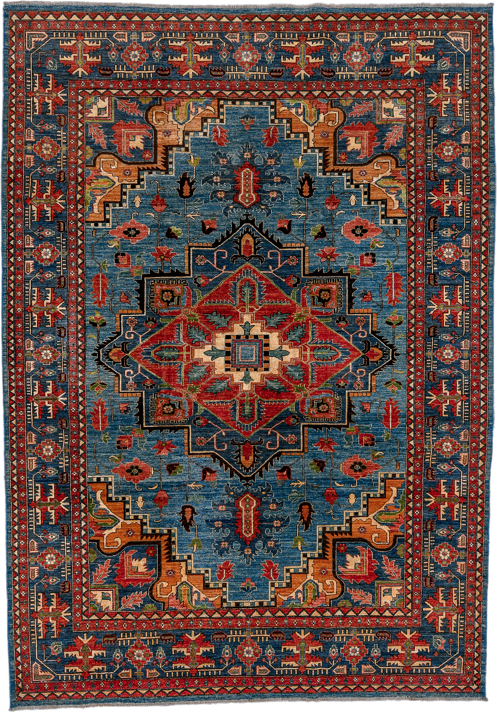 8' x 11' one-of-a-kind handmade vintage Afghan large size rug. Color palette: blue, rust, ivory, navy, coral, camel, black