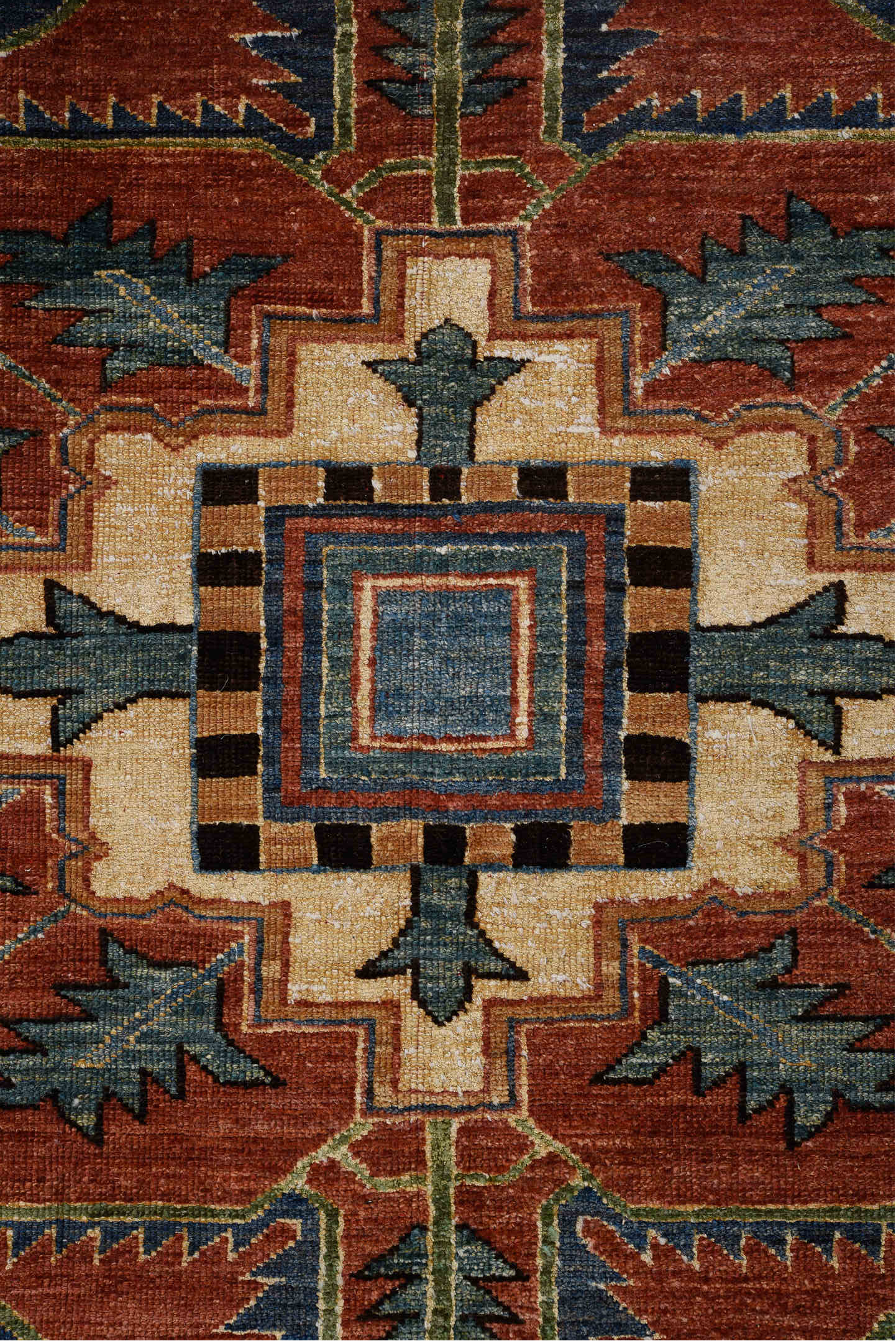 8' x 11' one-of-a-kind handmade vintage Afghan large size rug. Color palette: blue, rust, ivory, navy, coral, camel, black