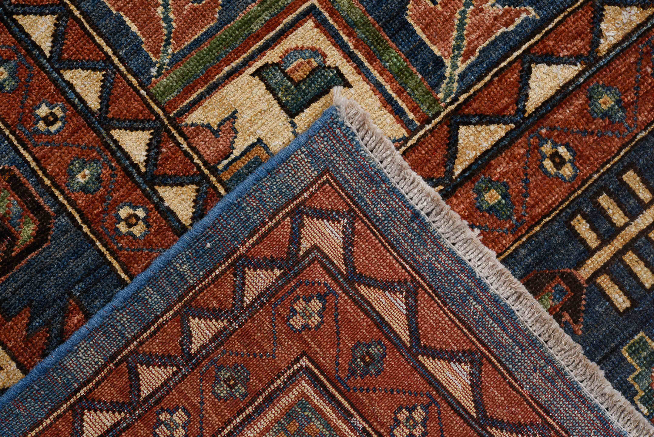 8' x 11' one-of-a-kind handmade vintage Afghan large size rug. Color palette: blue, rust, ivory, navy, coral, camel, black