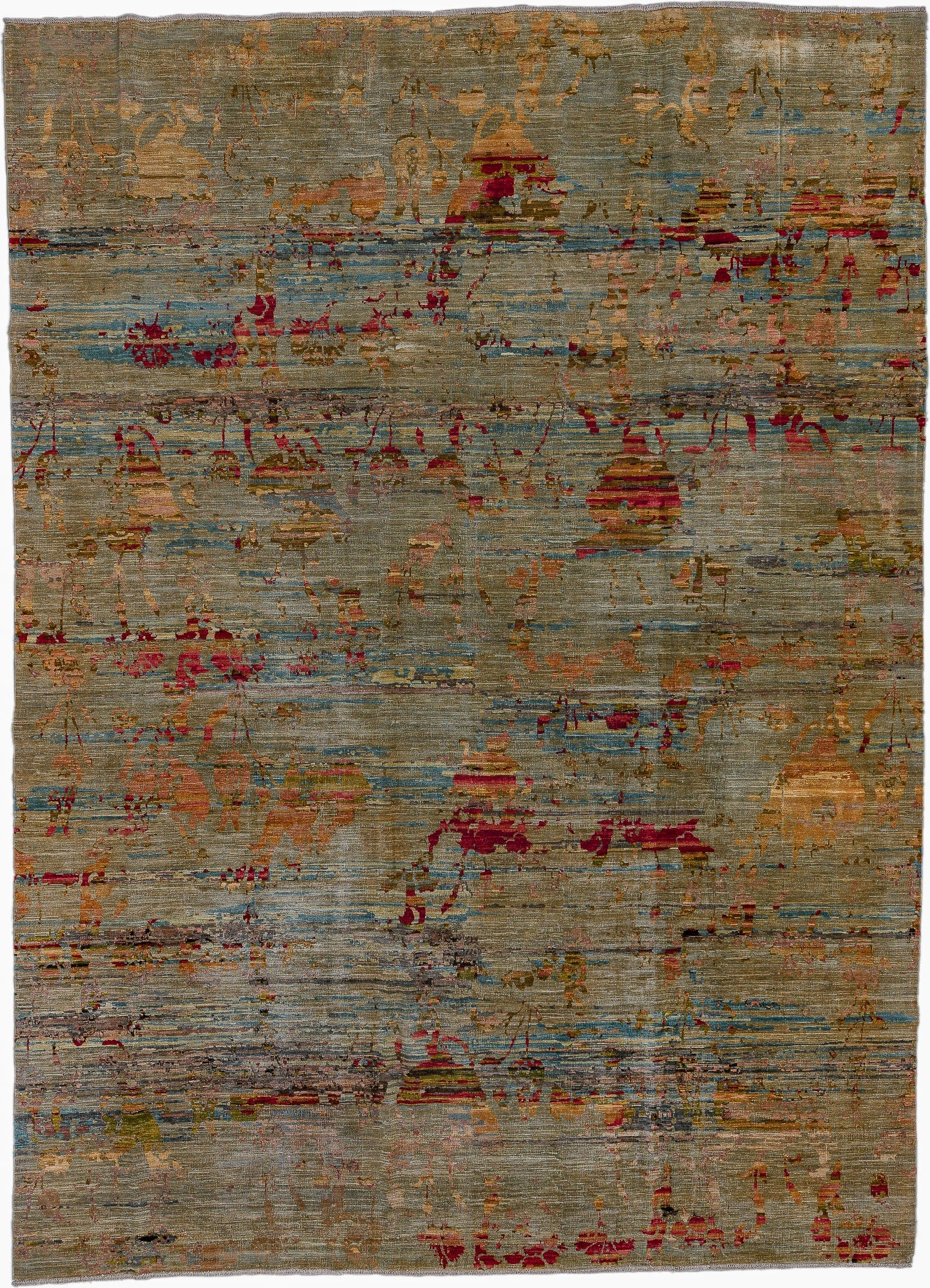 9' x 13' one-of-a-kind handmade vintage Afghan large size rug. Color palette: taupe, slate, rust, gold, crimson, camel, rose