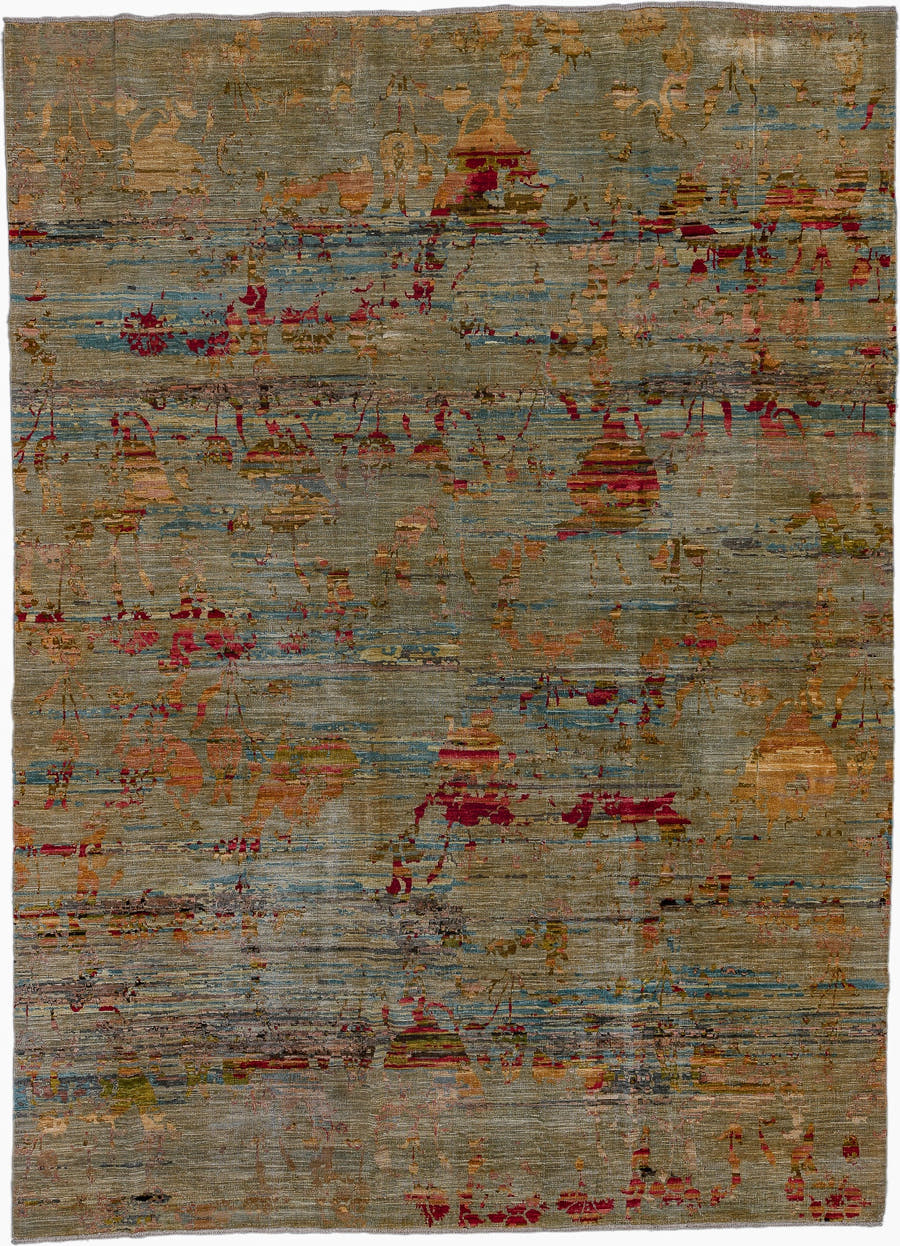 9' x 13' one-of-a-kind handmade vintage Afghan large size rug. Color palette: taupe, slate, rust, gold, crimson, camel, rose