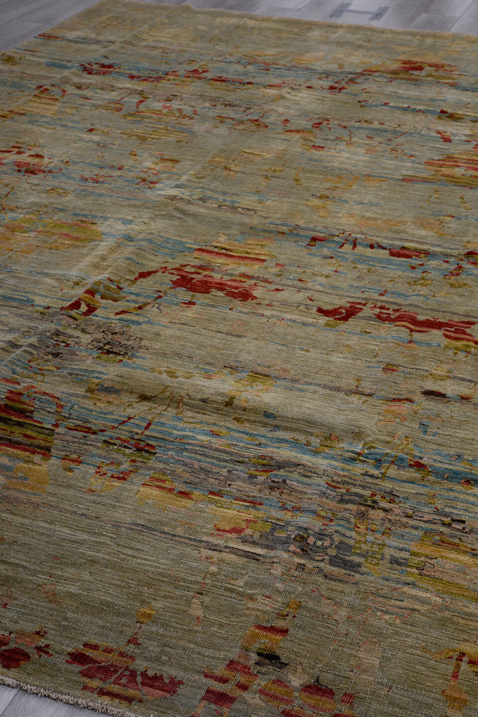 9' x 13' one-of-a-kind handmade vintage Afghan large size rug. Color palette: taupe, slate, rust, gold, crimson, camel, rose