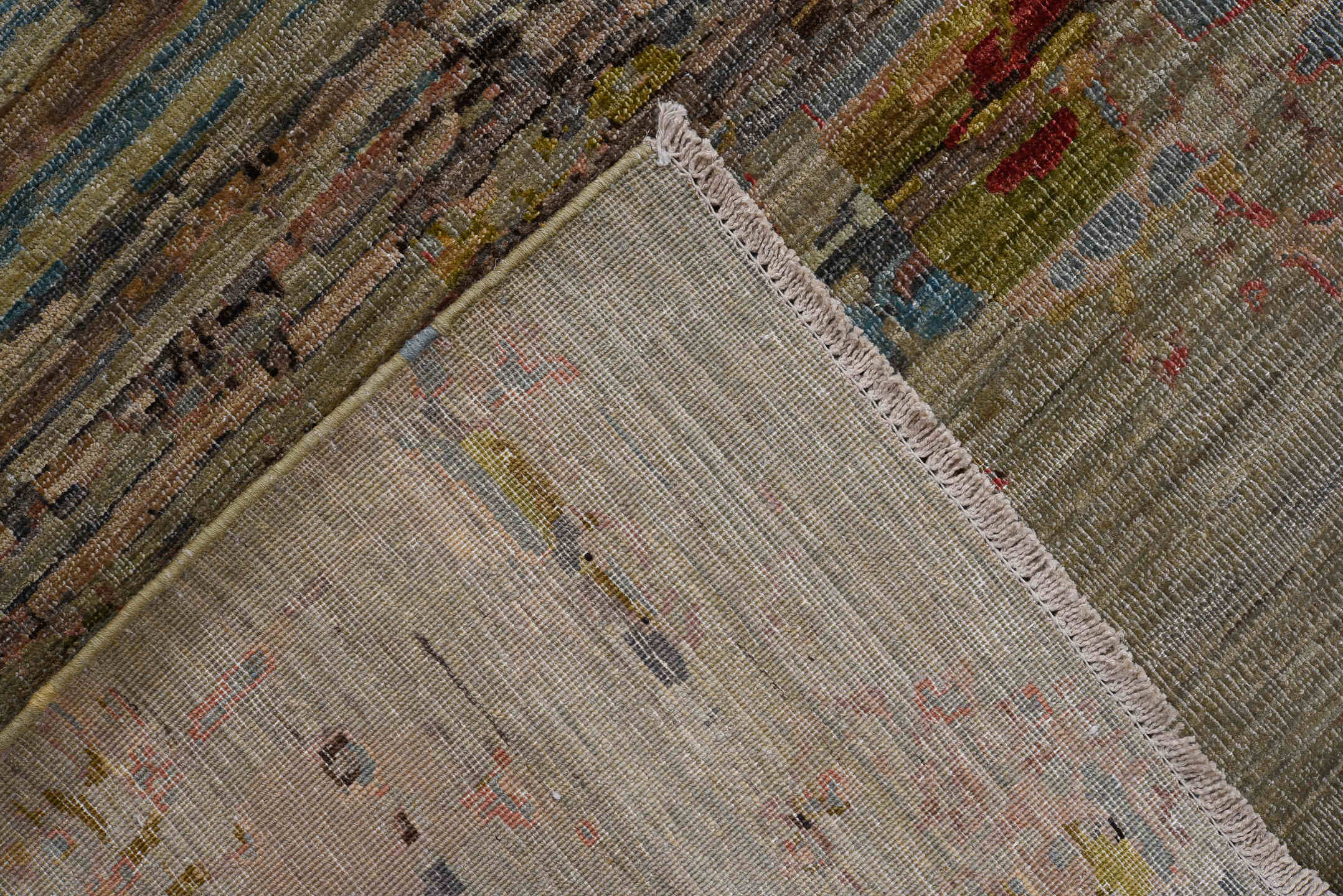 9' x 13' one-of-a-kind handmade vintage Afghan large size rug. Color palette: taupe, slate, rust, gold, crimson, camel, rose
