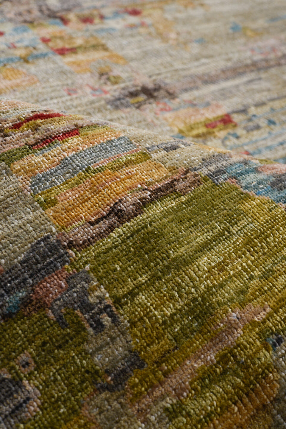9' x 13' one-of-a-kind handmade vintage Afghan large size rug. Color palette: taupe, slate, rust, gold, crimson, camel, rose