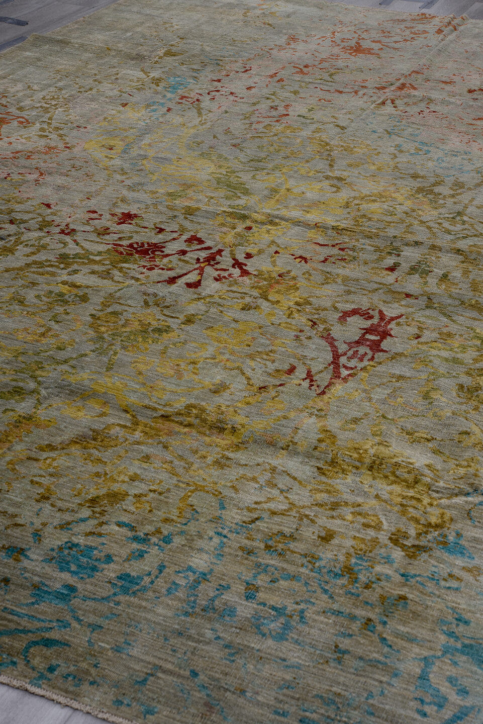 10' x 13' one-of-a-kind handmade vintage Afghan large size rug. Color palette: gray, gold, crimson, olive, turquoise, taupe