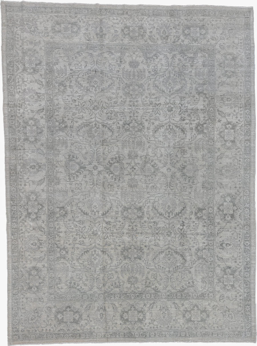 9' x 12' one-of-a-kind handmade vintage Afghan large size rug. Color palette: ivory, silver, gray, taupe, stone, beige