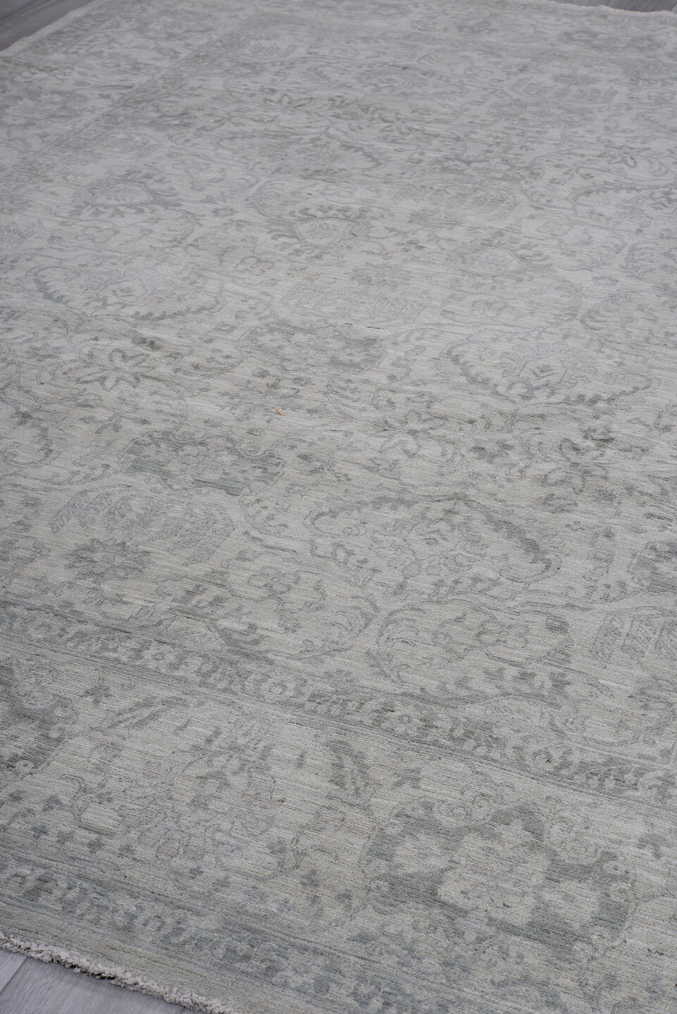 9' x 12' one-of-a-kind handmade vintage Afghan large size rug. Color palette: ivory, silver, gray, taupe, stone, beige