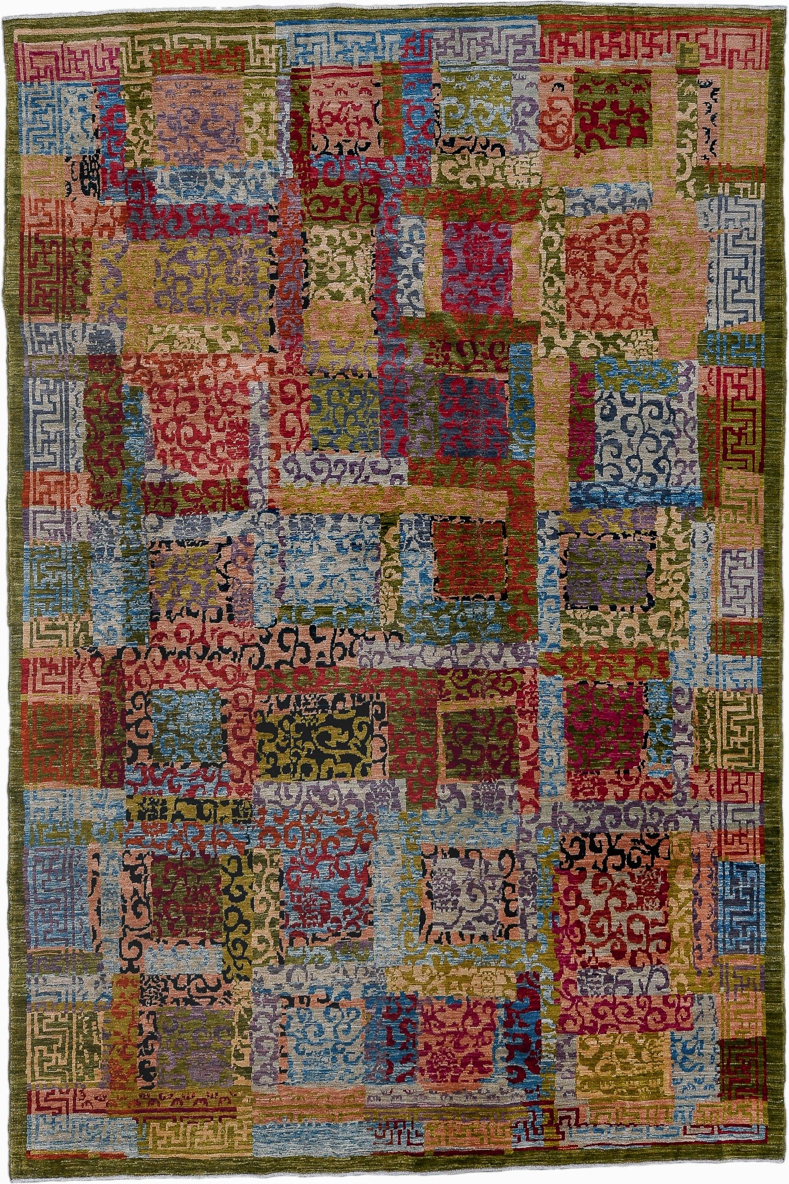 6' x 9' one-of-a-kind handmade vintage Afghan medium size rug. Color palette: olive, rose, sky blue, crimson, lavender