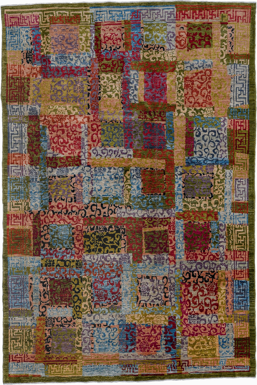 6' x 9' one-of-a-kind handmade vintage Afghan medium size rug. Color palette: olive, rose, sky blue, crimson, lavender