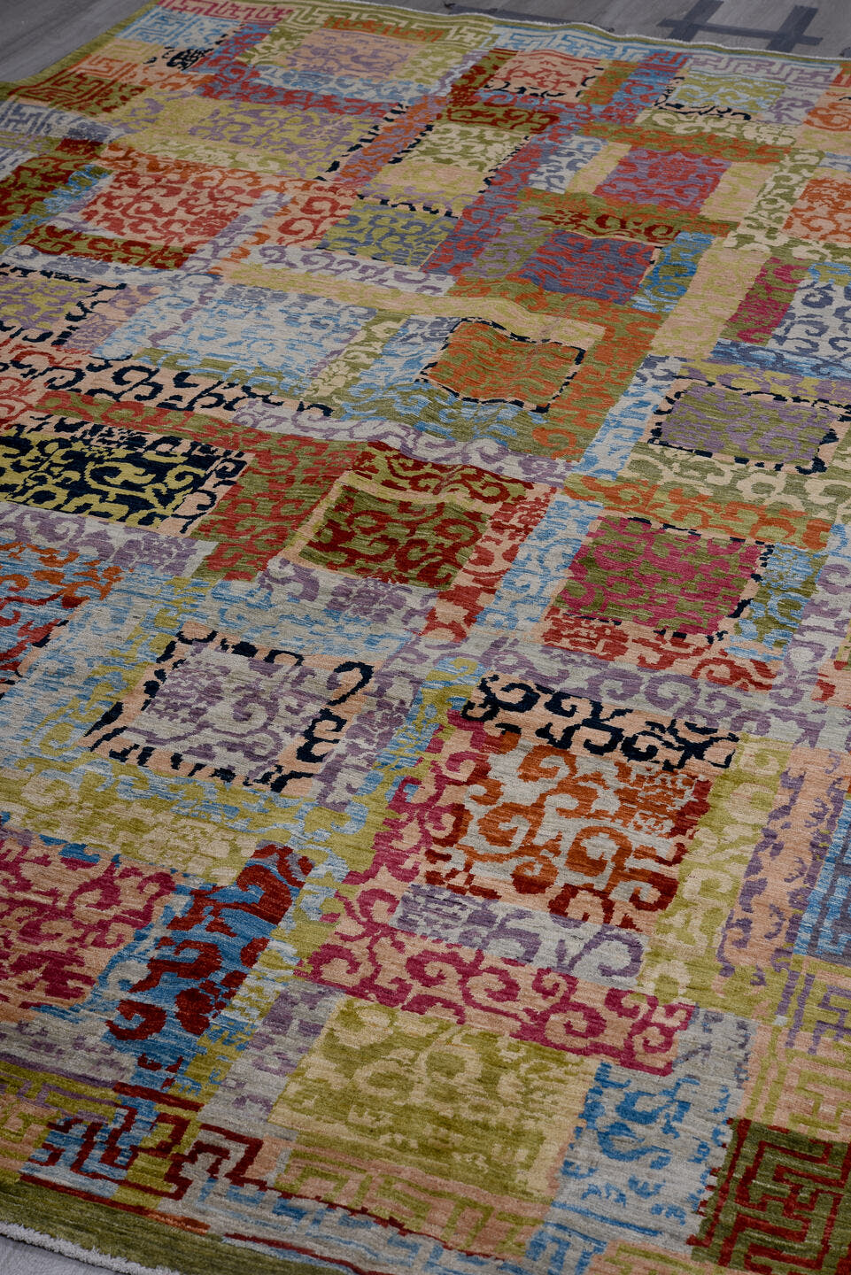6' x 9' one-of-a-kind handmade vintage Afghan medium size rug. Color palette: olive, rose, sky blue, crimson, lavender