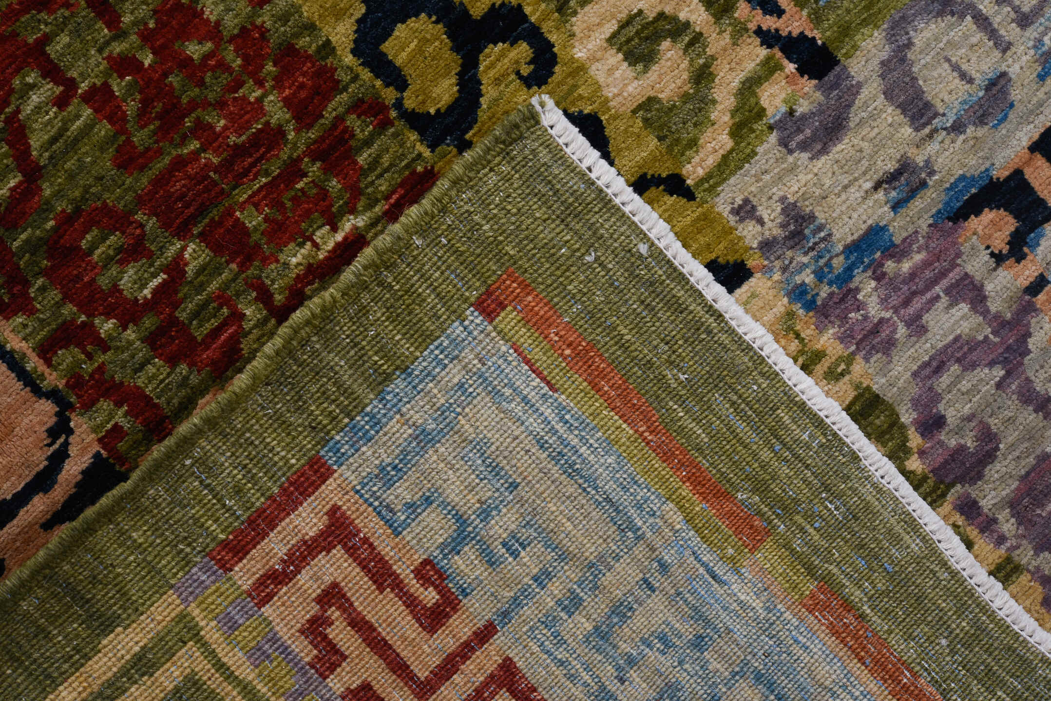 6' x 9' one-of-a-kind handmade vintage Afghan medium size rug. Color palette: olive, rose, sky blue, crimson, lavender