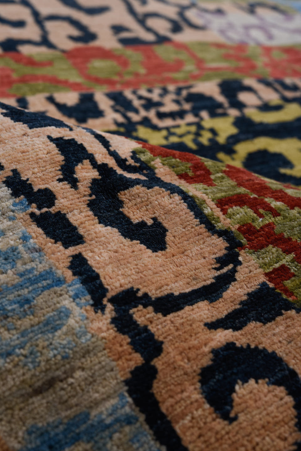 6' x 9' one-of-a-kind handmade vintage Afghan medium size rug. Color palette: olive, rose, sky blue, crimson, lavender