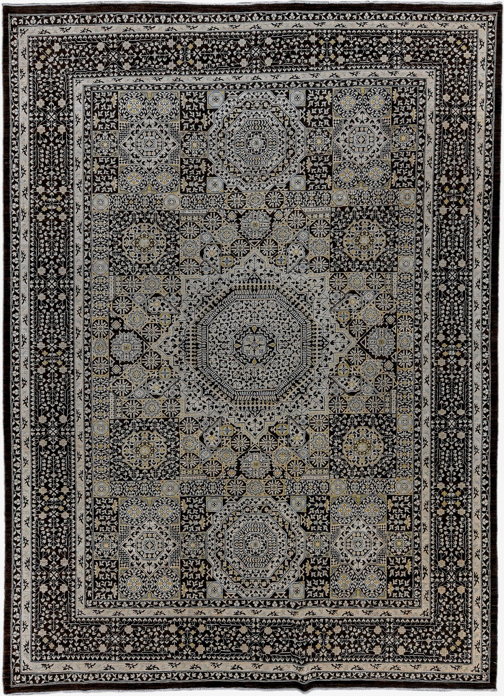 8' x 11' one-of-a-kind handmade vintage Afghan large size rug. Color palette: charcoal, ivory, gold, slate, taupe, camel